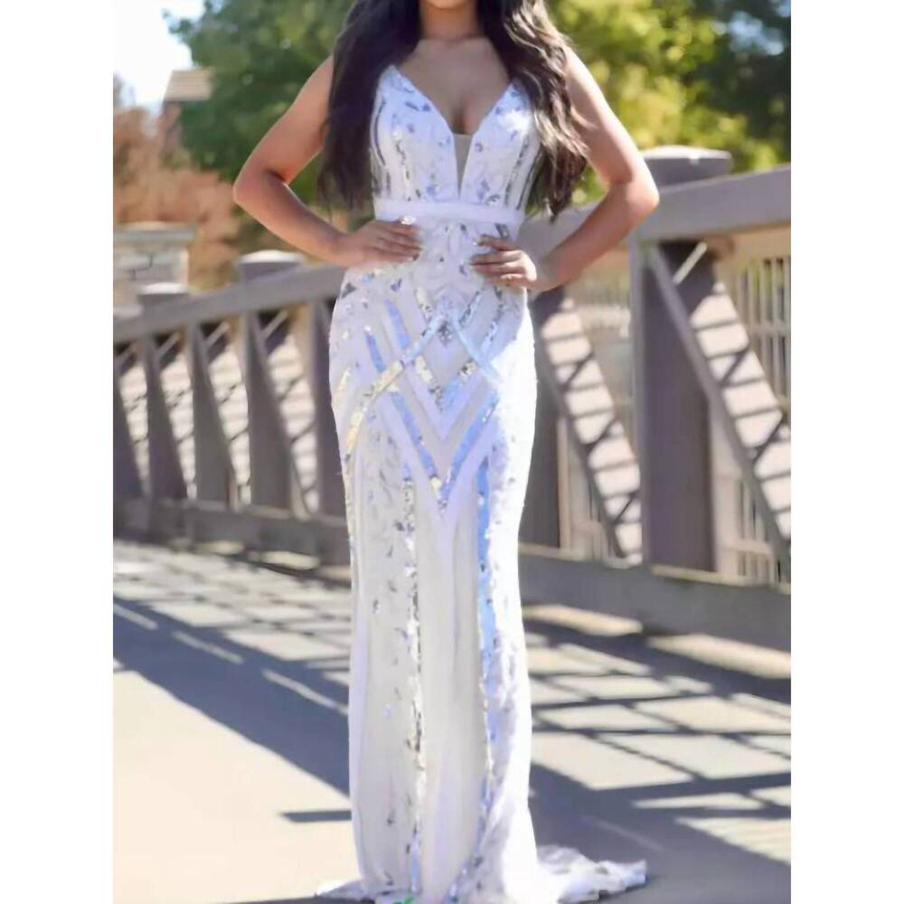 NEW JASZ COUTURE v-neckline gown in ivory/silver